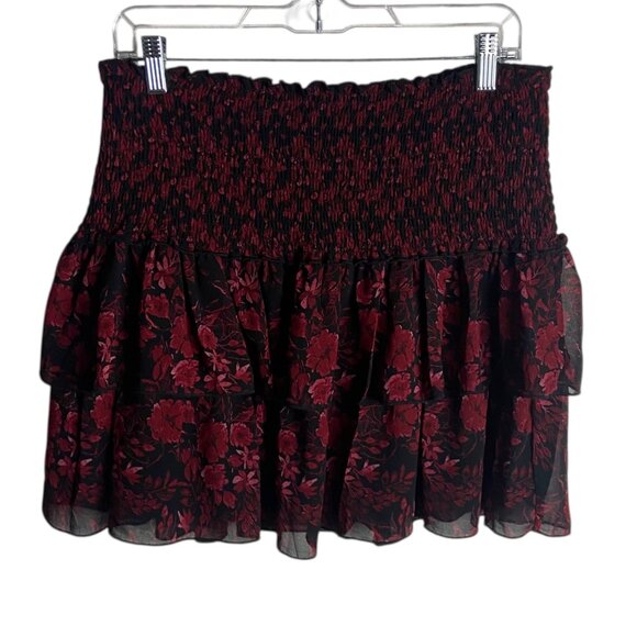 Francesca's Size L Smocked Tired Mini Skirt Red Black Dark Floral Romantic Fairy - Picture 3 of 7